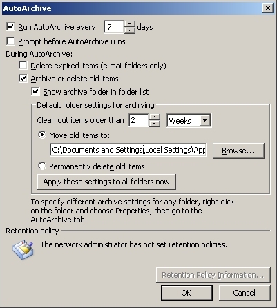 [ Window containing AutoArchive settings...]